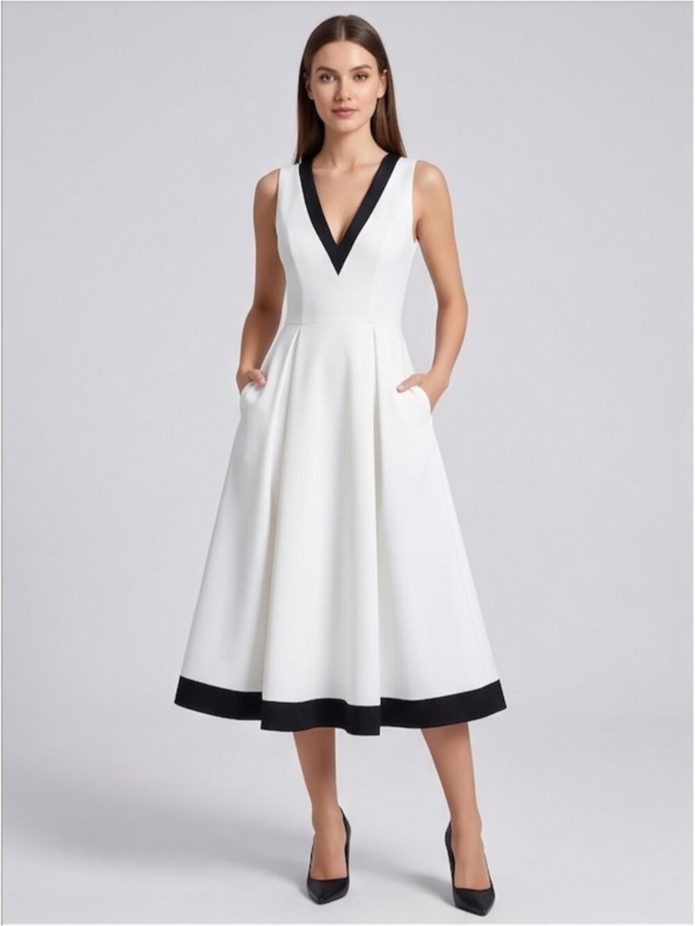 Chic Contrast Trim Pleated Flare Midi Dress with Pockets White/Black - Picture 1 of 6